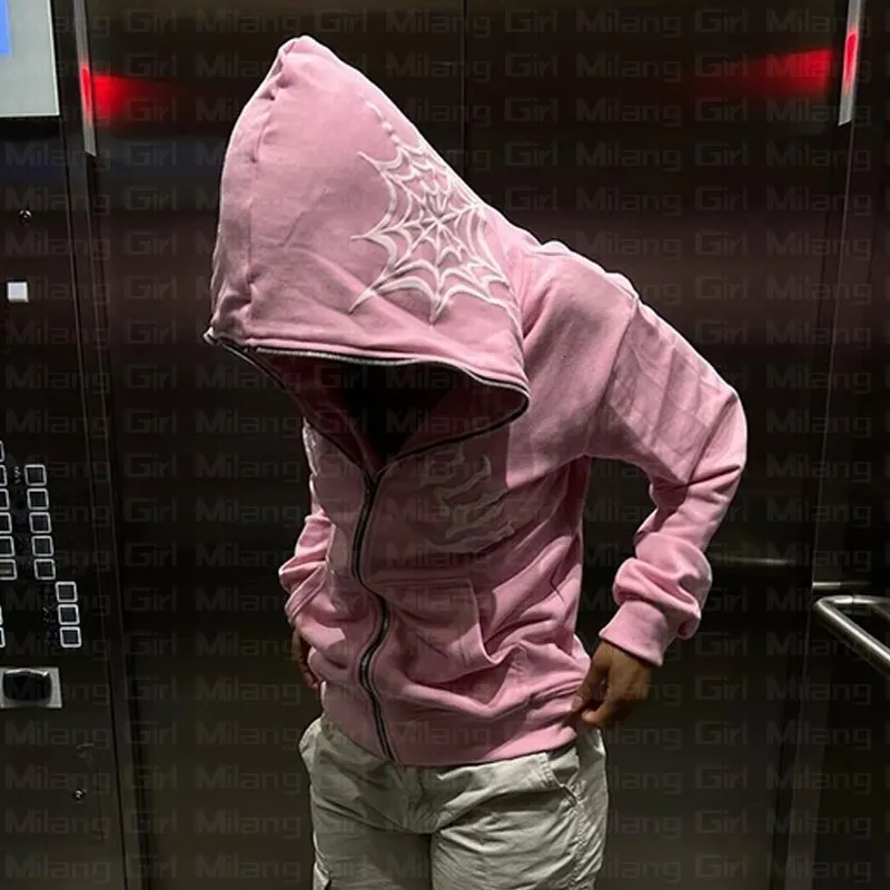 Spider Web Print Pink Zip Up Hoodie For Men And Women Gothic Punk