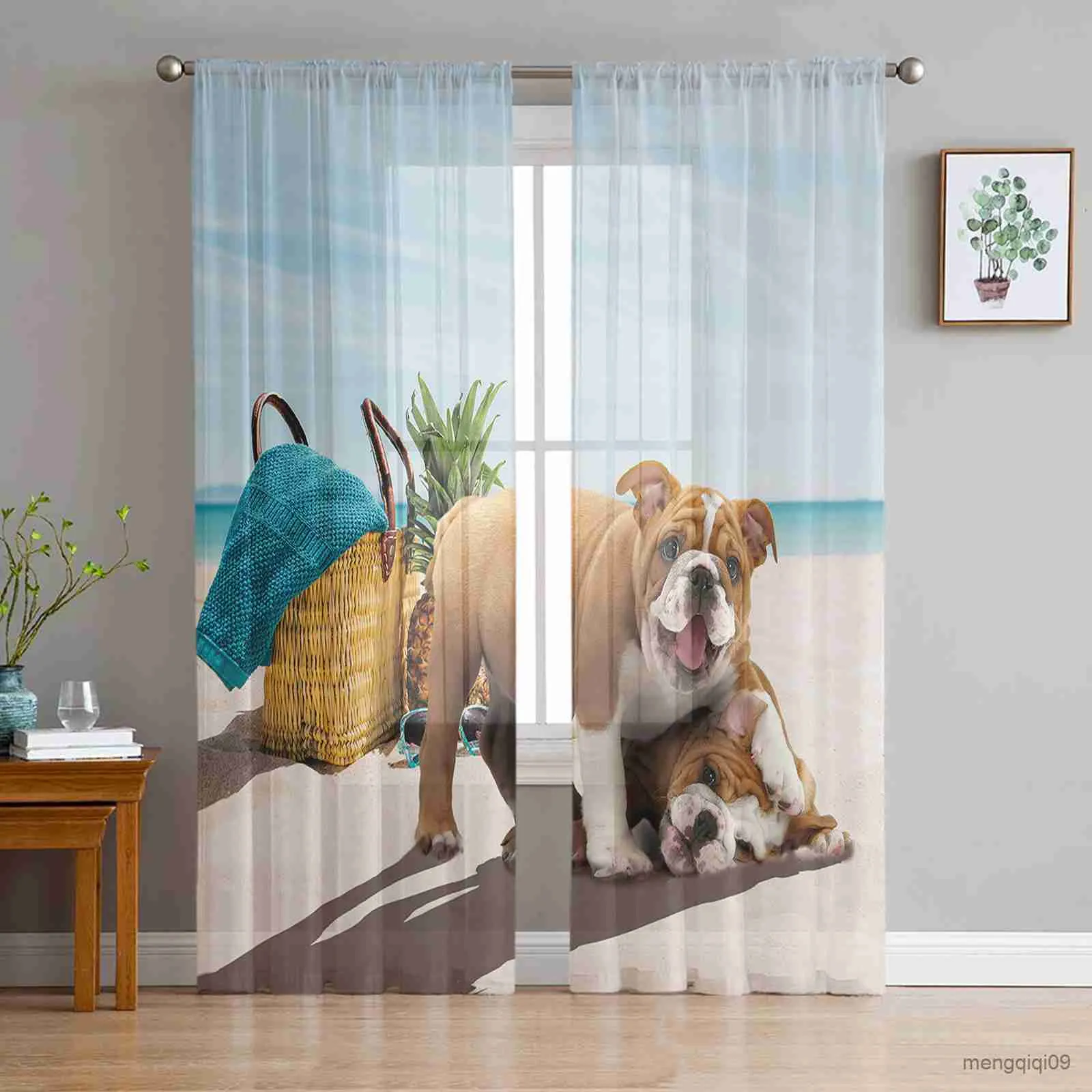 Vorhang Strand Ananas Tier Bulldogge Spiel purer Fenstervorhang für Schlafzimmer Vorhänge nach Hause Tüll Vorhänge für Wohnzimmer Chiffon Vorhänge R230816