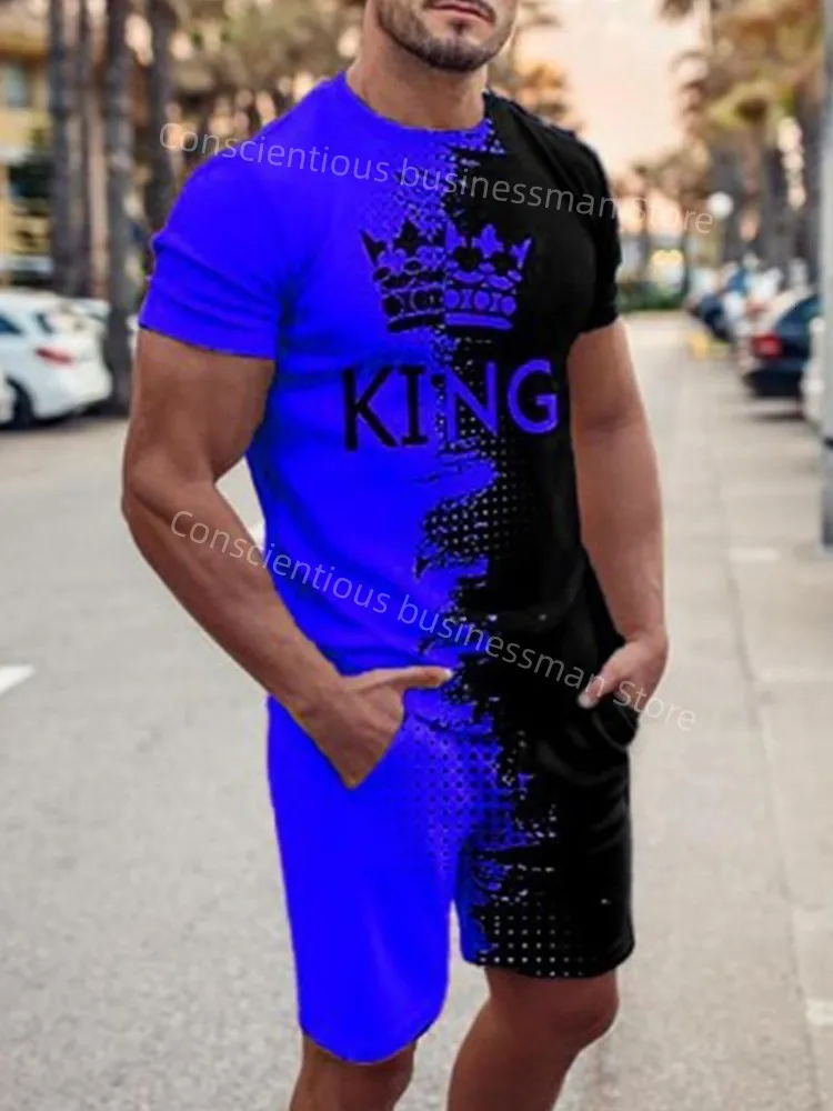 Herrspårar Män passar King 3D Print Shorts Mans kläder Tees Pant Set Suit King T-shirt Jogging Set Tracksuit Training Clothes Set Outfit 230815