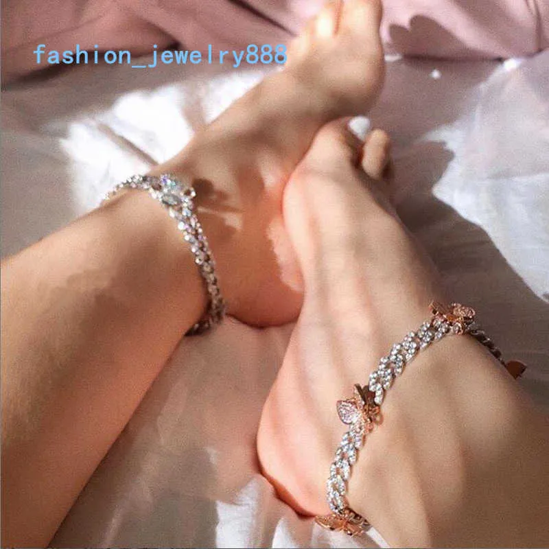 روز الفضة اللون CZ سلسلة الساق الكوبية Anklet Fashion Women Bling Iced Out Link Pink Butterfly Anklet Jewelry