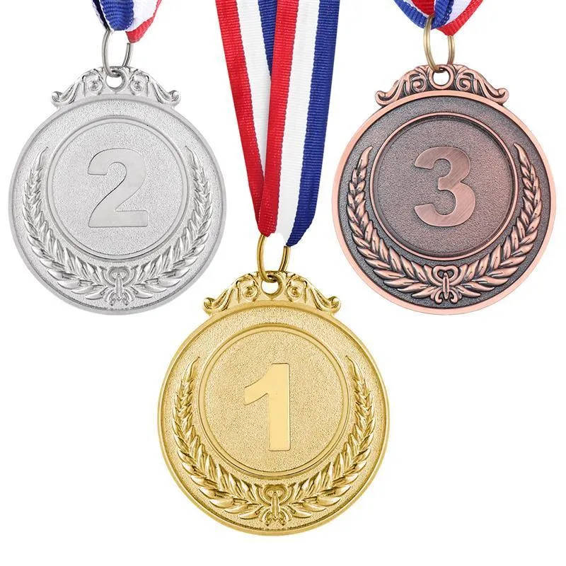 Metal Stamping Award Medals Set With Neck Ribbon Gold, Silver, And 