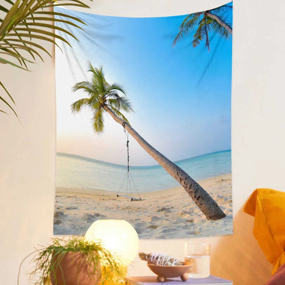 Tapisseries storlek Natural Beach Landscape Decorative Tapestry Seaside Coconut Tree Wall Hanging Decorative Art Indoor Home Decoration
