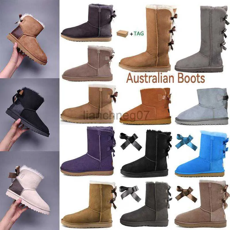 Bootsdesignerinnen Frauen Australien Australische Stiefel Winter Schnee Pelzige schwarze Marine Blue Pink Satin Stiefel Knöchel Bailey Booties Fell Leder im Freien Bowtie Schuhe G230130