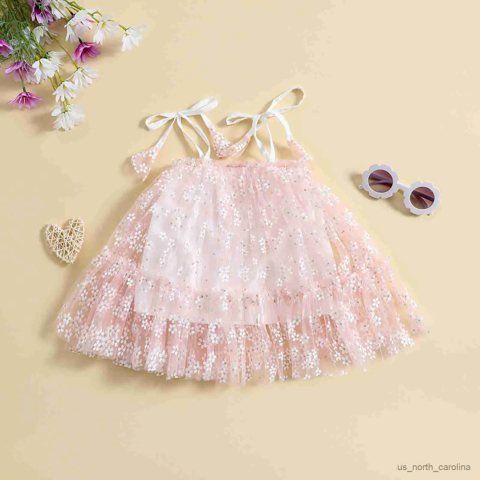 Girl's Dresses Baby Girl Dress snörningsremmar Blomma Print Mesh Patchwork Dress for Daily Party 3Months-3 Years R230816