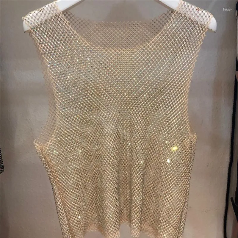女性の戦車エコーンシアーメッシュはノースリーブのキラキラ光沢のあるダイヤモンドタンクトップセクシーなファッションベストストリートウェディング服の夏を見る