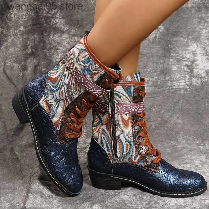 Boots 2021 Winter Women's Vintage Boots Low Heel Patchwork High Rubber Boots Waterproof Round Toe Side Zipper Ladies Bootie Shoes T230817