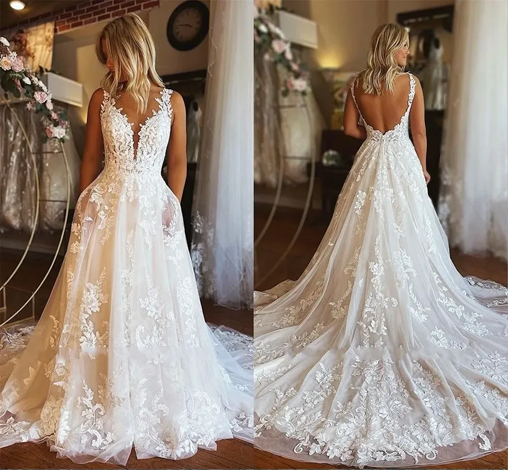 Seksowne koronkowe sukienki ślubne z kieszenią A Line V Szyjki Tiul Summer Boho Boho Bridal Suknie Plus BC15301