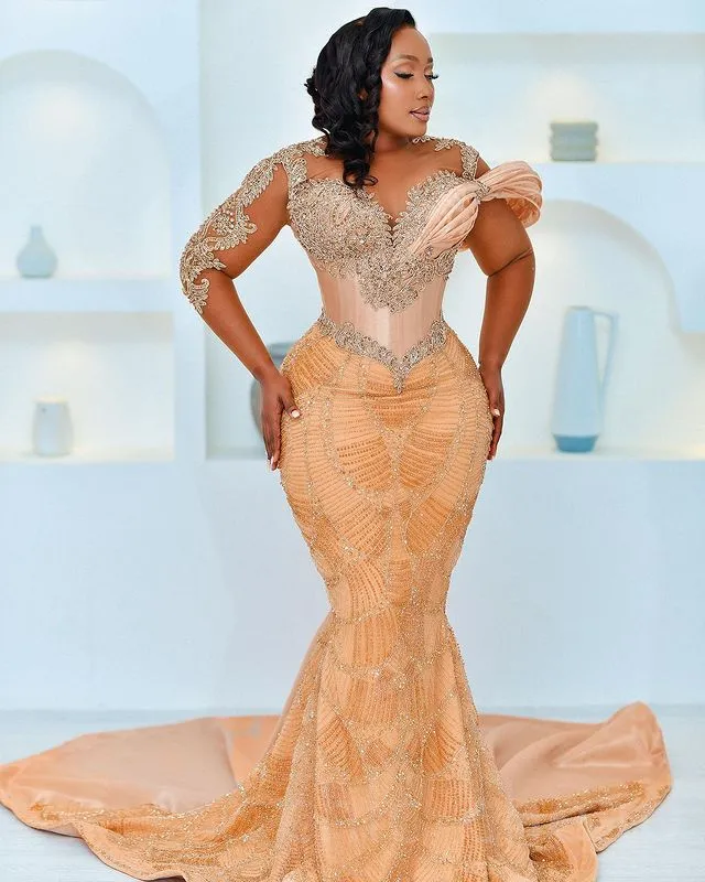 August Aso Ebi Gold Mermaid Prom Robe en dentelle de perle de la soirée sexy Soirée Fête formelle Deuxième réception Robes de fiançailles d'anniversaire Robe de Soiree ZJ098 407