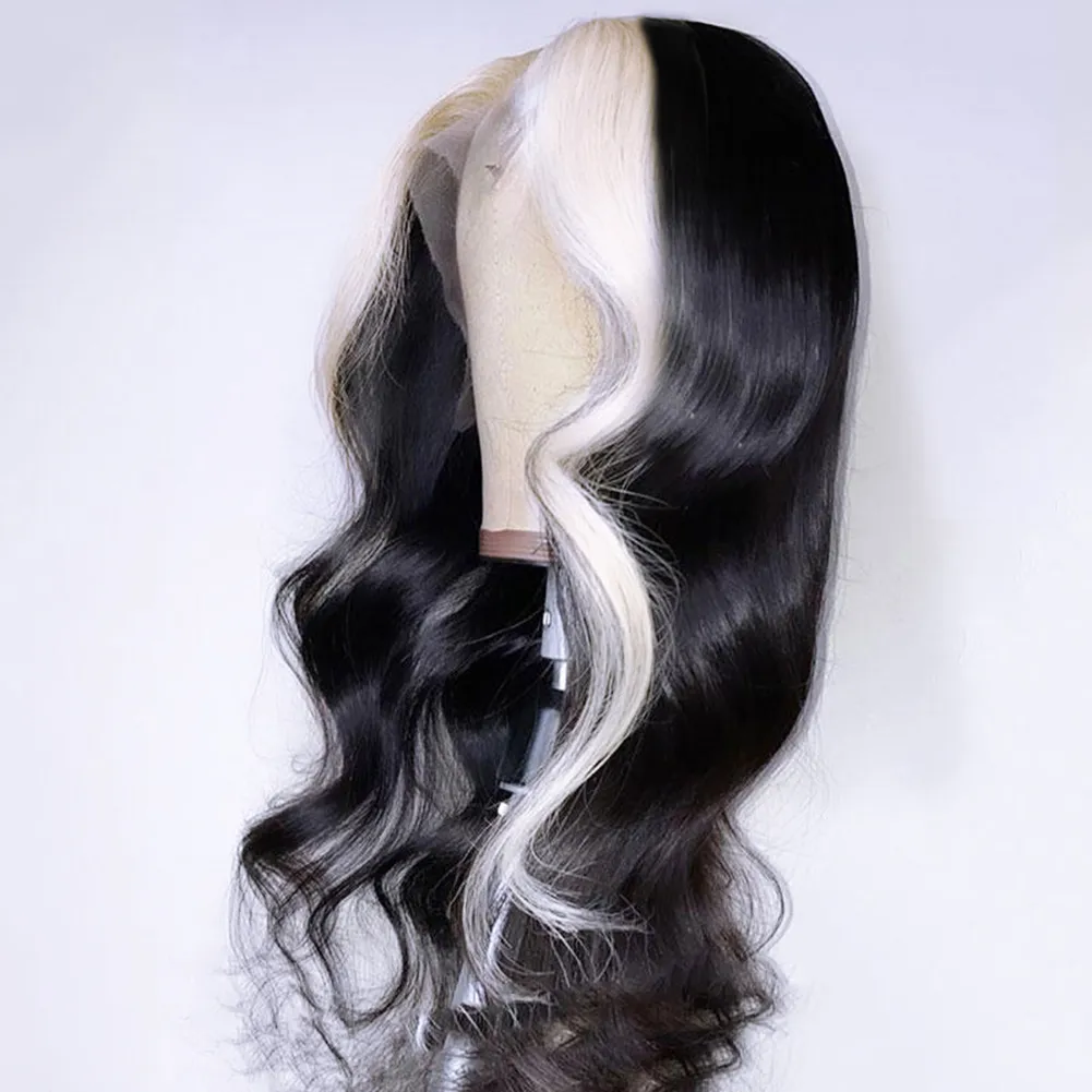 Brazilian Human Hair Black White Skunk Stripe Highlight Wig 30 Inch Body Wave Lace Front Wig Ombre Colored Lace Front Simulation Human Hair Wigs For