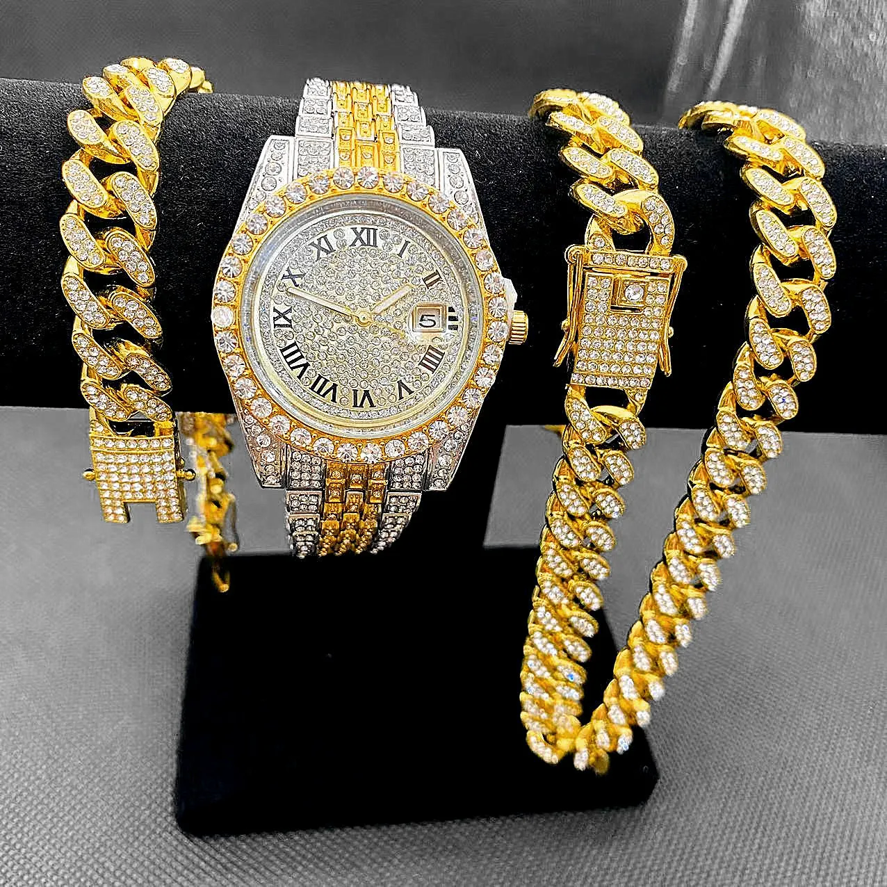 Andra klockor Full Iced Out Mens Cuban Link Chain Armband Halsband Choker Bling smycken för män stora guldkedjor Hip Hop Watch Set 230816