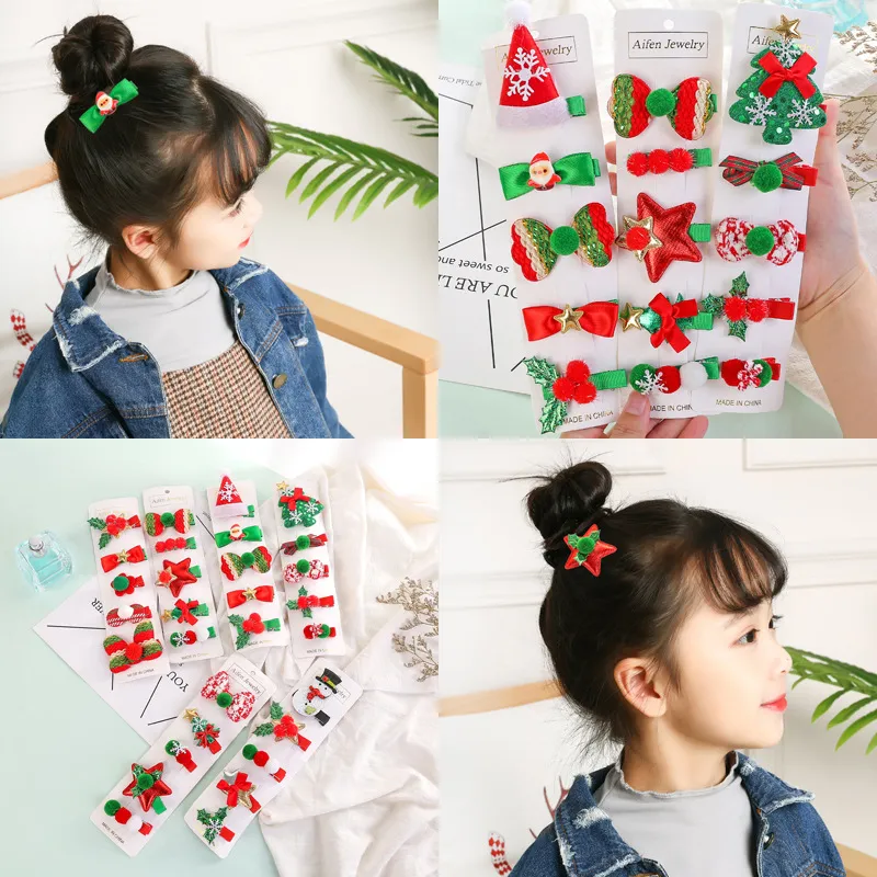 Party Favor Christmas Hairpin 5pcs/set Cute Girls Barrettes Snowman Santa Claus Hair Clip Hair Accessories Baby Birthday Gifts Q484