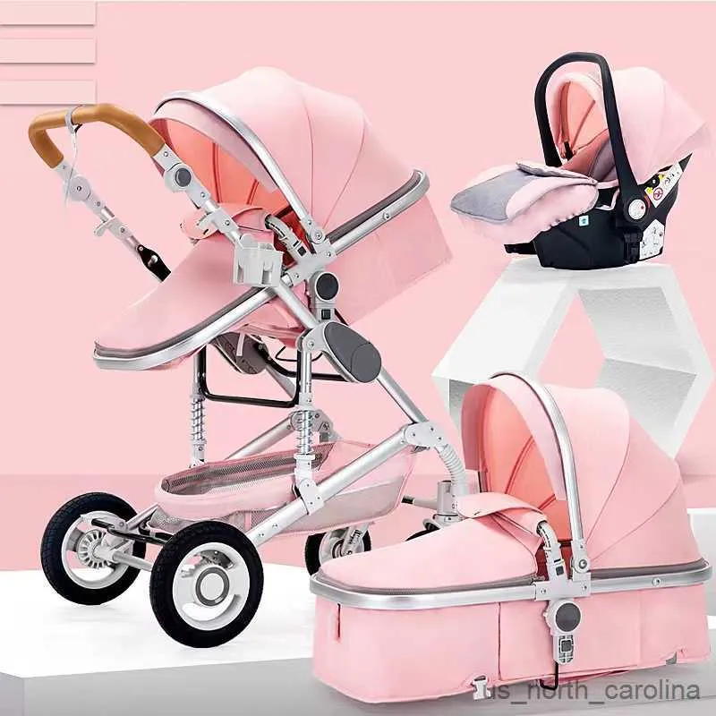 Poussettes # Baby poussette 3 en 1 avec siège d'auto Luxury Multifonctionnel chariot rose rose pliant poussette bébé paysage