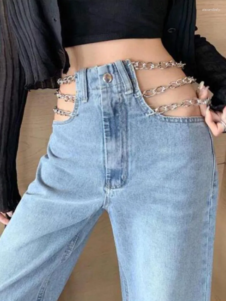 Kvinnors jeans JMPRS designade kedja kvinnor ihåliga ut sexiga sommar raka denim byxor hög midja koreanska mode damer ljusblå jean