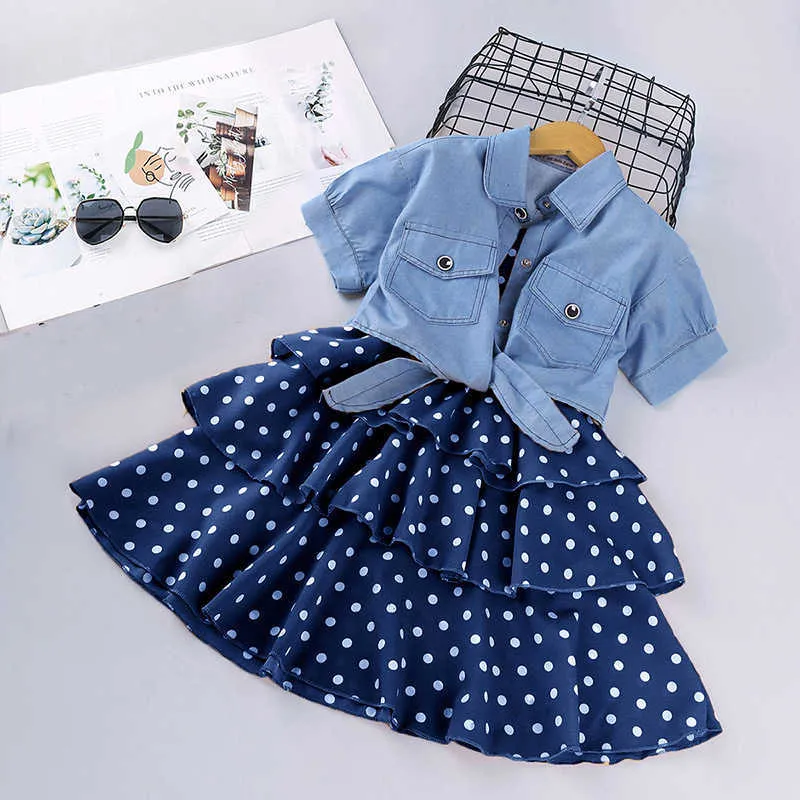Conjuntos de roupas de verão meninas vestidos conjuntos de roupas infantis de manga curta jaqueta jeans + saia terno dot vestido conjunto para 3-14y