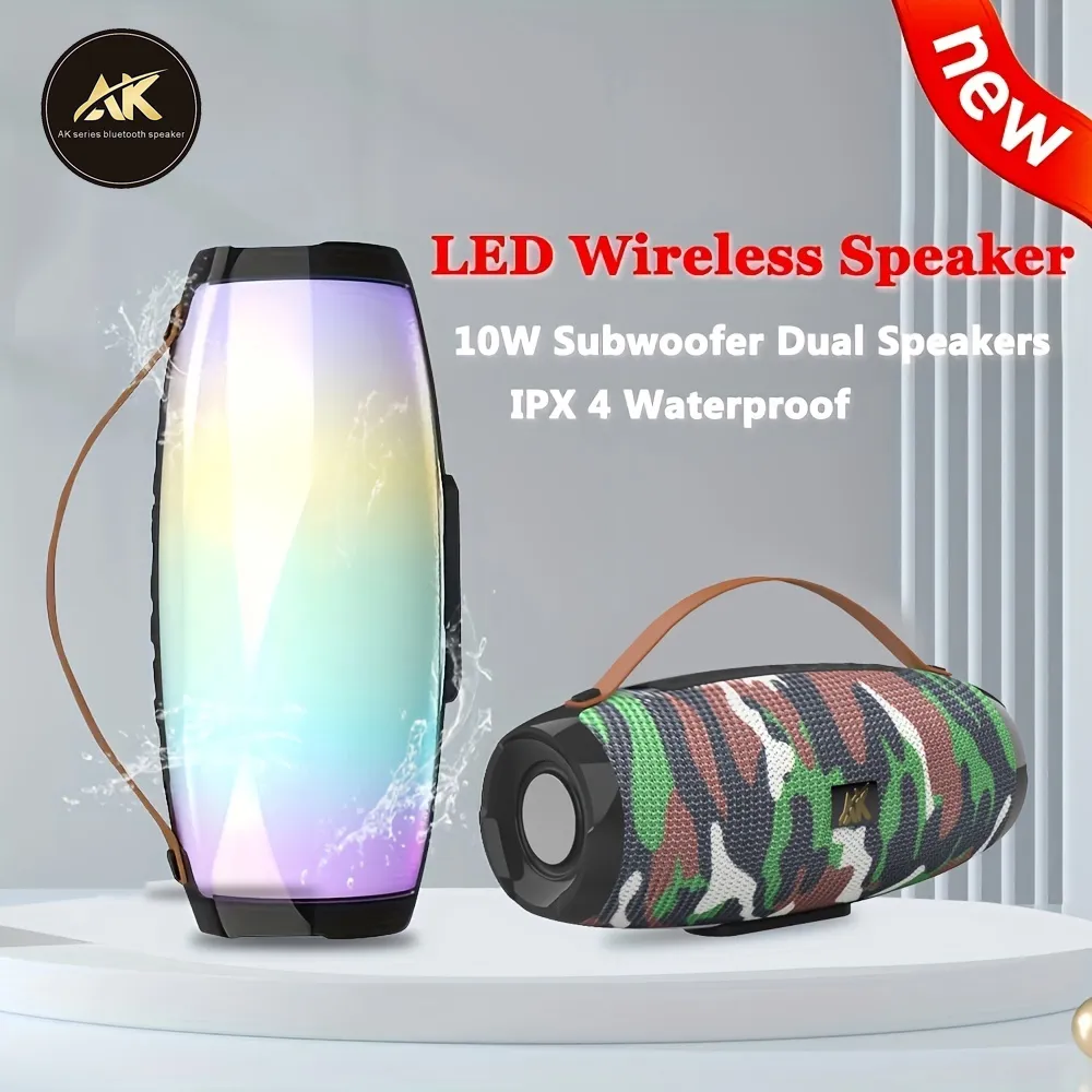 Microfoons AK Wireless Bluetooth's ER met kleurrijk LED -licht draagbare buiten 3D stereo bas Luminous FM Radio 230816