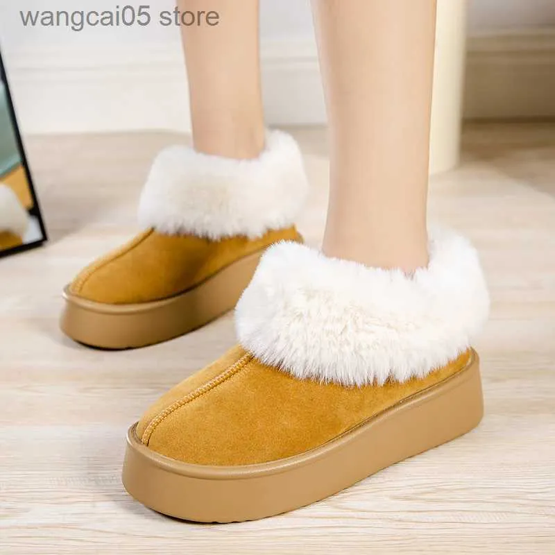 Laarzen warm vacht dikker pluche sneeuwlaarzen vrouwen 2023 nieuwe faux suede platte hakken winter laarzen vrouw non slip dikke bodem katoenschoenen t230817