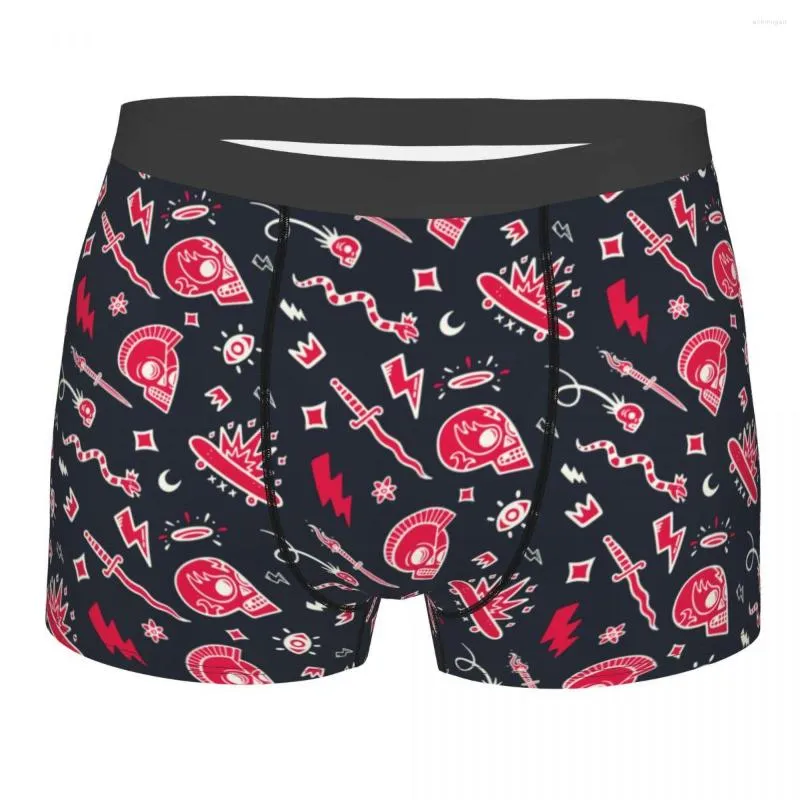 Underpants homens boxer shorts calcinha de caveira vintage tatuagens rabiscadas de roupas íntimas respiráveis