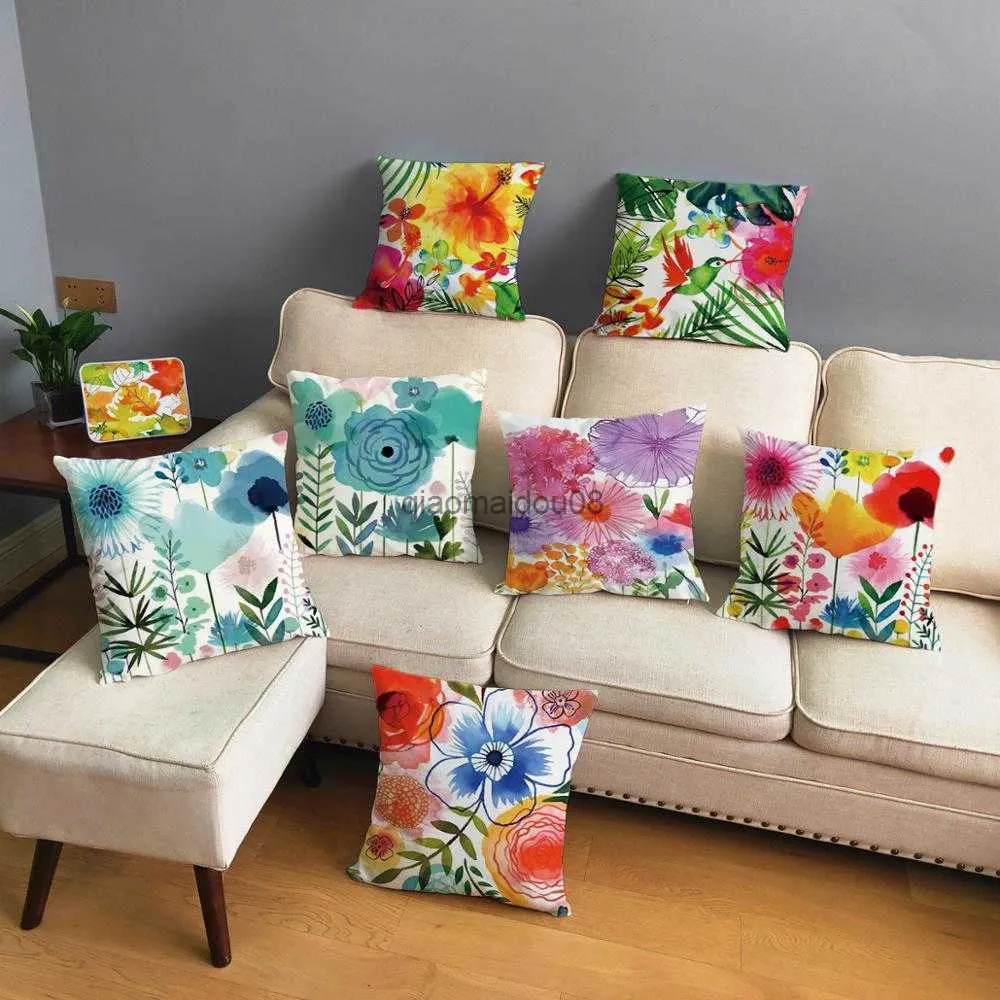 Caixa de travesseiro de estilo nórdico Flor de aquarela e capas de almofada de pássaros para sofá Pluxush Tampa de capa colorida de planta floral caseira hkd230817