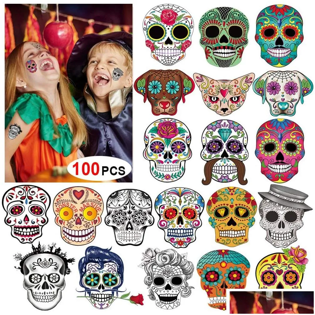 Tijdelijke tatoeages tattoo -stickers voor Halloween Make -up Kinderen ADT's gemakkelijk gewassen Sugar Skl Dag van de dode dia de los muertos par dhxgm