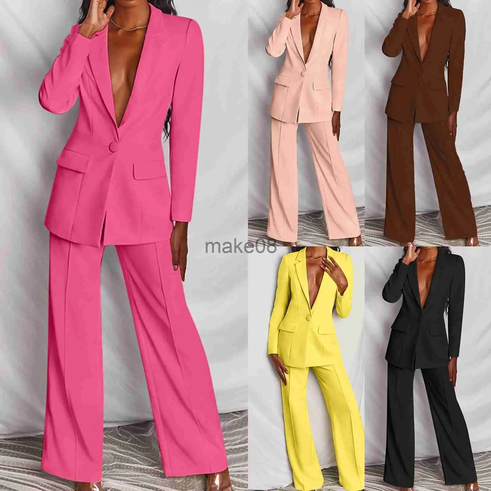 Women's Two Piece Pants Women's Office Suit Fashion Blazer Pantsuit Simple Solid Color Suit VCollar Long SleeveTrousers 2 Piece Set Blazer J230816