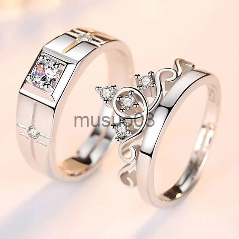 Band Rings Luxury AAA Zircon Couple Paired Rings For Women Men Flower Crown Proposal Promise Adjustable Rings Wedding Anniversary Jewelry J230817