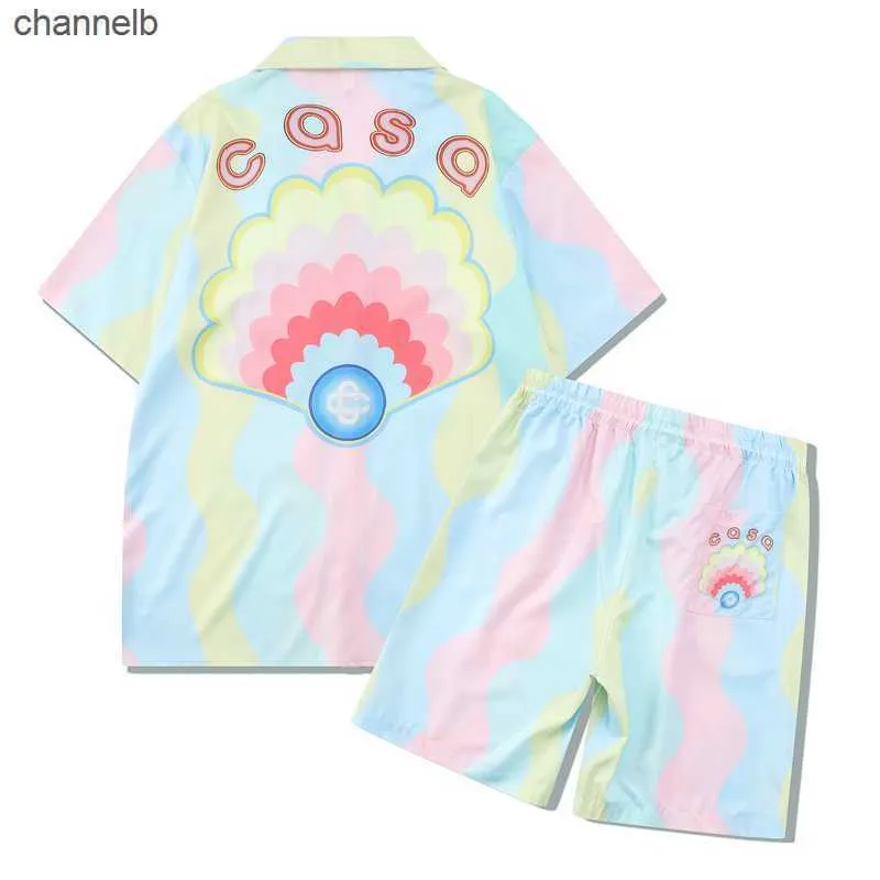 Men's T-Shirts 2023ss Casablanca Shell Rainbow Dream Men Women Short Set T Shrt Hawaii Beach Suit Hip Hop Shirt Shorts Couple Suit Casa y2k HKD230817