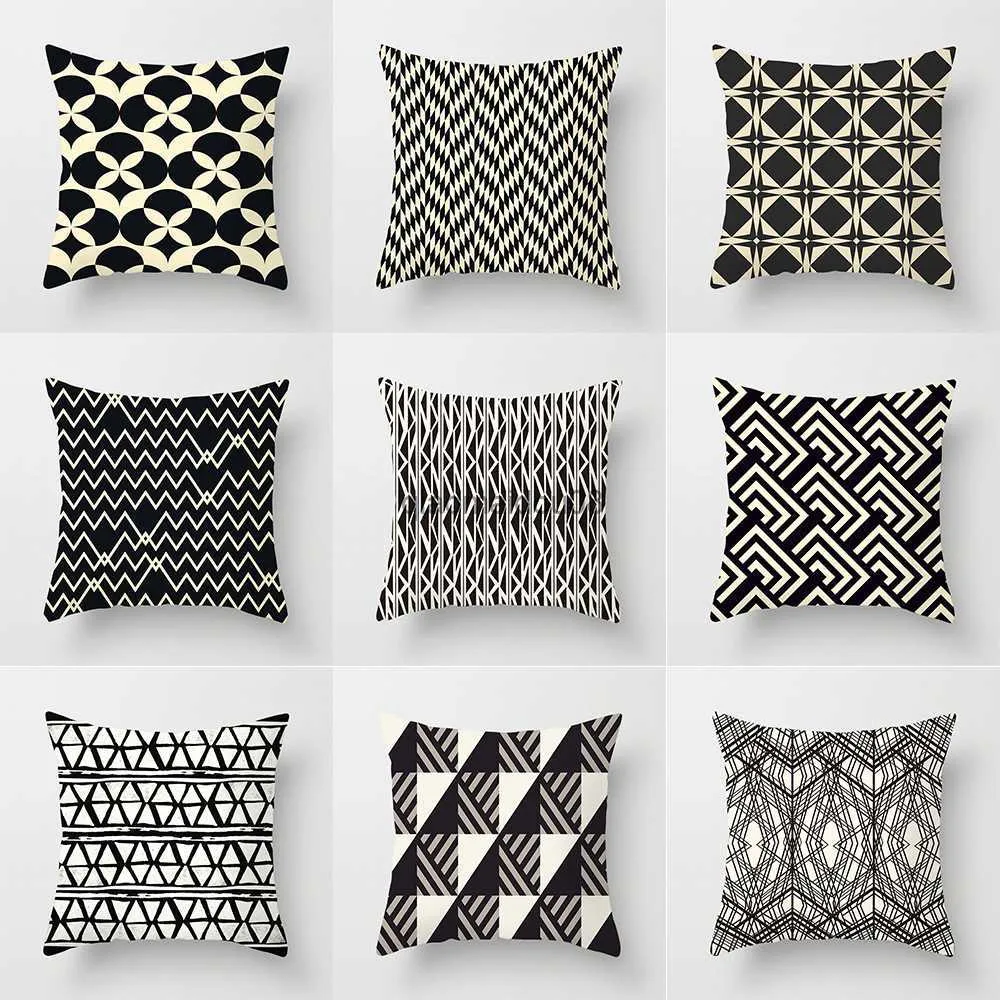 枕ケース45x45cm幾何学的な黒と白の縞模様の印刷パターンホームリビングルームのソファ装飾ケースHKD230817のクッションカバー