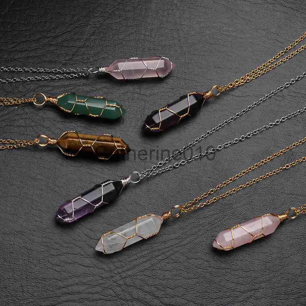 Colares de pingentes de colares de cristal de pedra natural, bala hexagonal ametistas de quartzo rosa Lapis lazuli colar de pingente homens homens enrolados jóias j230817