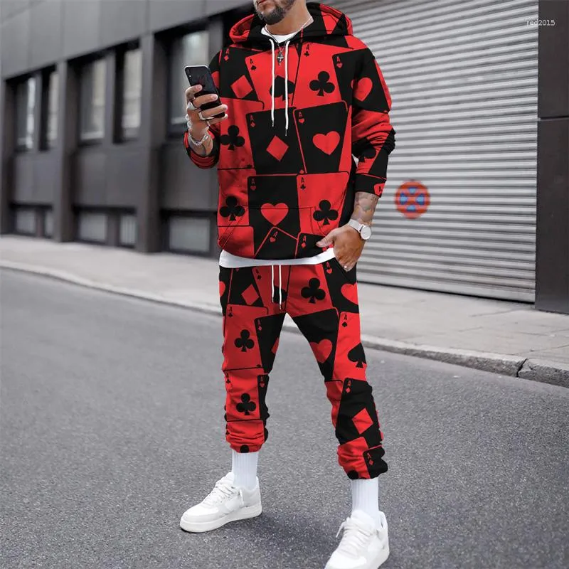 Męskie dresy wiosenne i jesienne czerwone poker 3D Moda para sportowa garnitur Pull Rope bluza z kapturem Slim Street Pants Man Tracksuit