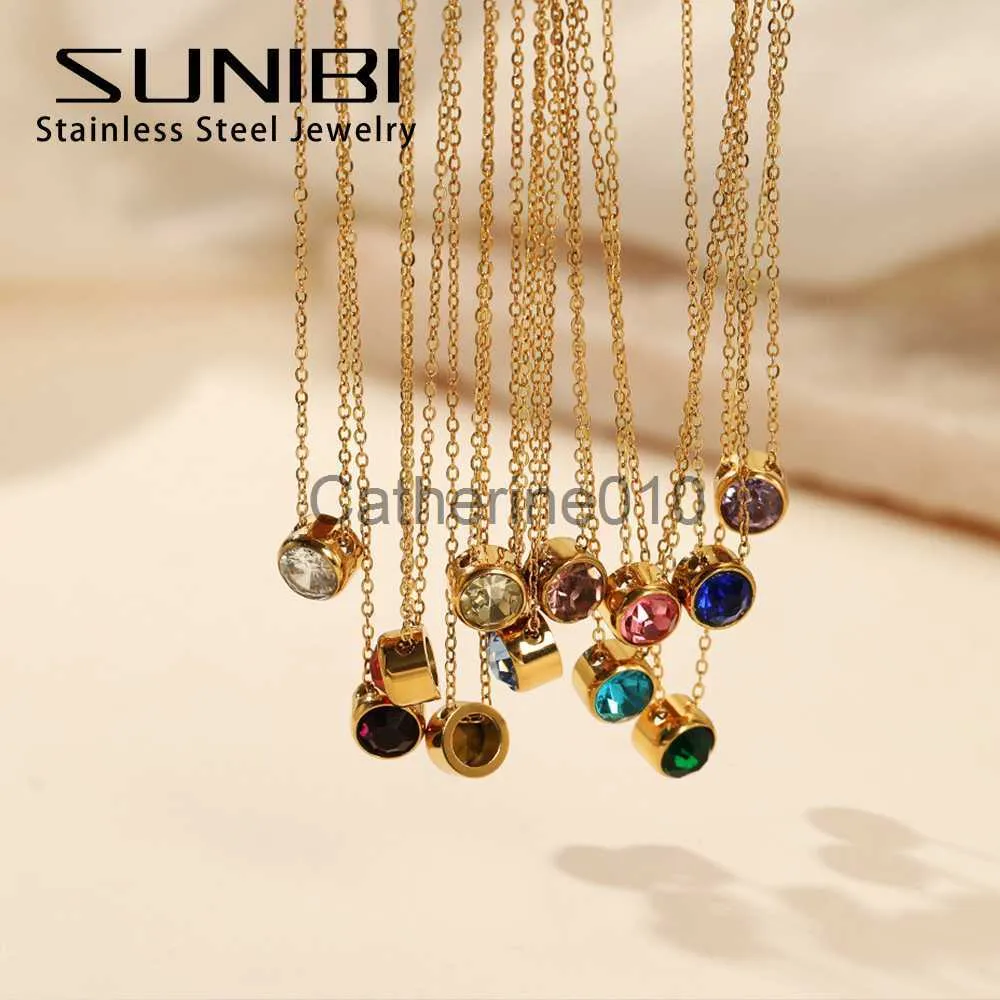 Pendant Necklaces SUNIBI Stainless Steel Birthstone Necklace for Woman Gold Color Bride Designer Pendant Necklaces Birthday Gift Jewelry Wholesale J230817