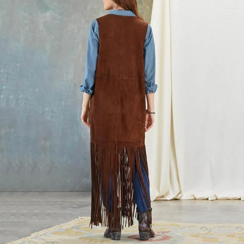 Kamizelki damskie Stylowe bez rękawów kamizelka Fringe Fringe 70s Hippie Cardigan z Patch Pockets for Cowboy Cosplay