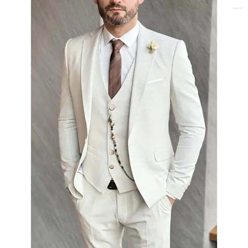 Mäns kostymer bröllop beige för män kostym homme mode notched lapel singel breasted masculino tre del jacka byxor väst 2023