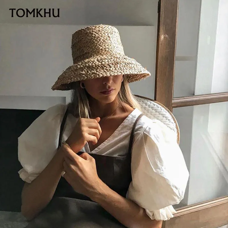 Cappelli larghi brim cappelli a secchio Tomkhu Cappelli estivi per donne Raffia Pagninga Cappello da sole Cap Lady Girls Panama Beach Beach Floppy Female Travel Cape da viaggio 230816