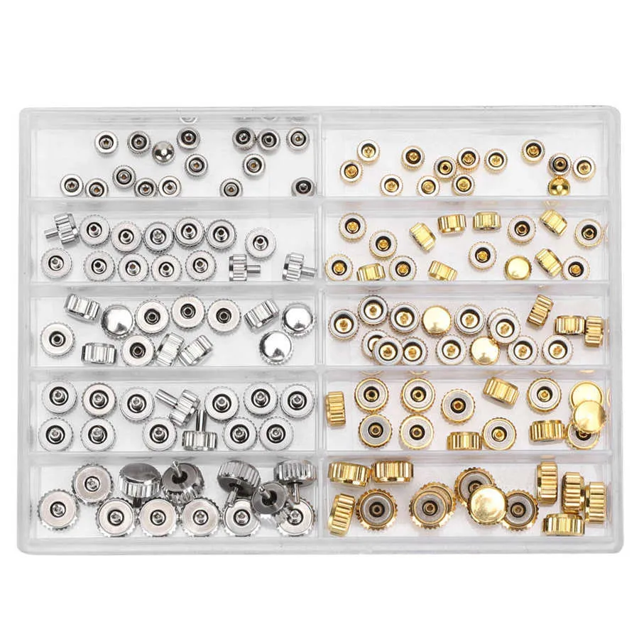 Kits de herramientas de reparación 100pcs/set 3.0-7.5 mm Aleación Piezas de la corona Accesorios surtido Herramienta de reparación de relojes para relojeros