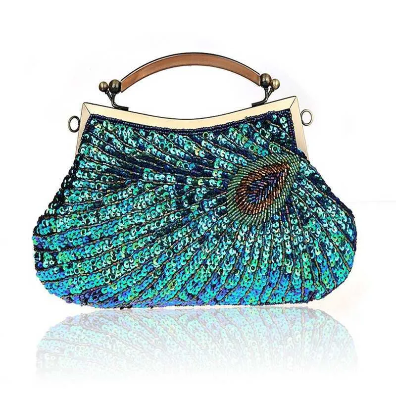 Hobo vintage garotas de noite femininas com alça de pavão lantejoulas de embreagem de noiva com miçangas mini bolsa de luxo de luxo wy35 hkd230817