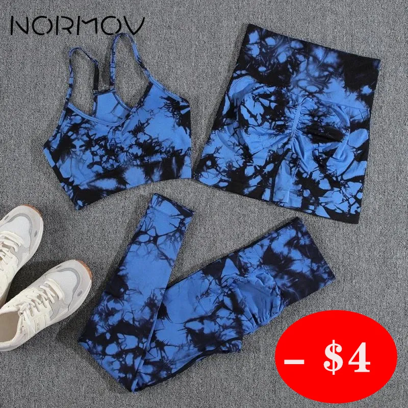 Yoga Outfit NORMOV est Tie Dye Yoga Sets Printing 1/2/3 PCS Gym Set For Women Seamless Leggings Bra Shorts Summer Fitness Outfits 230816