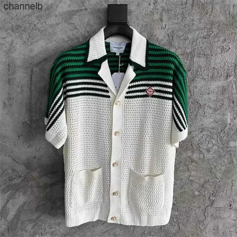 Camisetas masculinas 23sss Novo estilo de manga curta Casablanca jacquard suéter homens mulheres 1 1 melhor qualidade do cardigã bordando moletons militares hkd230817