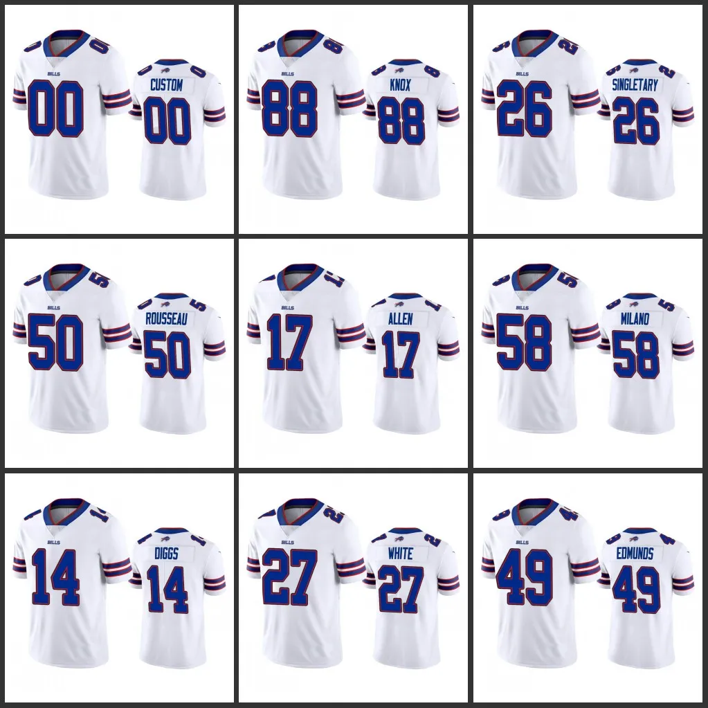 Buffalo Bills Herren #17 Josh Allen 88 Dawson Knox 26 Devin Singletary 14 Stefon Diggs Weißes Custom Vapor Limited-Trikot für Damen und Herren