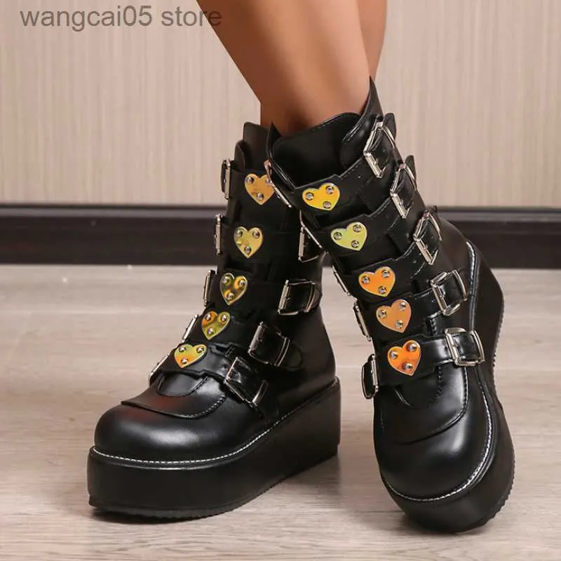 BOTAS PLUS TAMANHO 43 BOTAS Femininas Black Gótico Cosplay Punk Punk Street Plataforma Wedge Botas de salto alto Women Shoes Shoes DropShip T230817