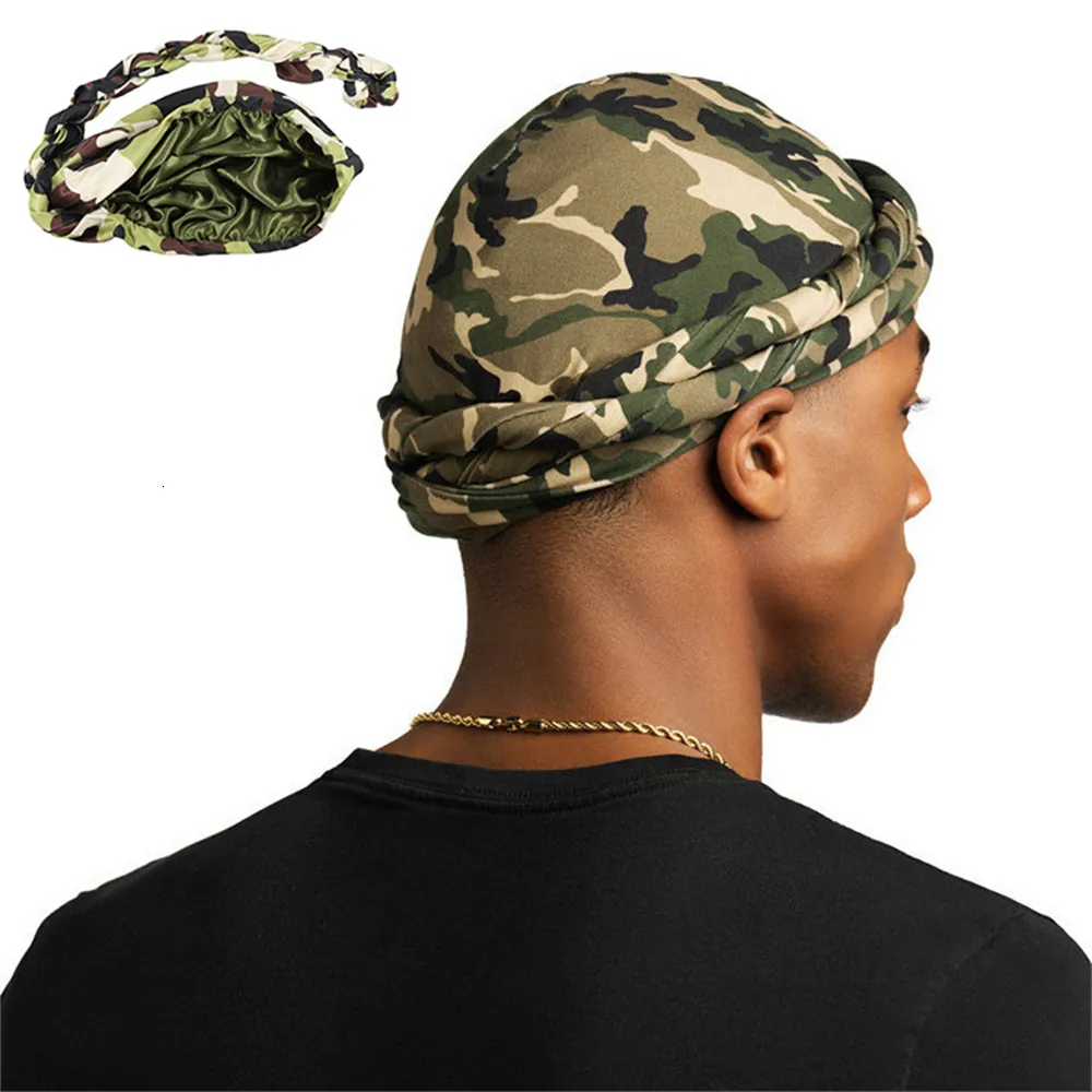 Feanie/crânio Caps Camuflagem Turban Hat for Men Satin Turbans forrado Torno macio Capinha de cabeceira enrolada Silky Durags Street Hip Hop Macho Chapéus 230817