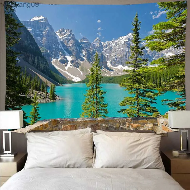 Tapestries Mountain Forest Lake Tapestry Cheap Natural Scenery Wall Hanging Art Thin Polyester Hanging Cloth Ceiling Blanket Home Decor R230817