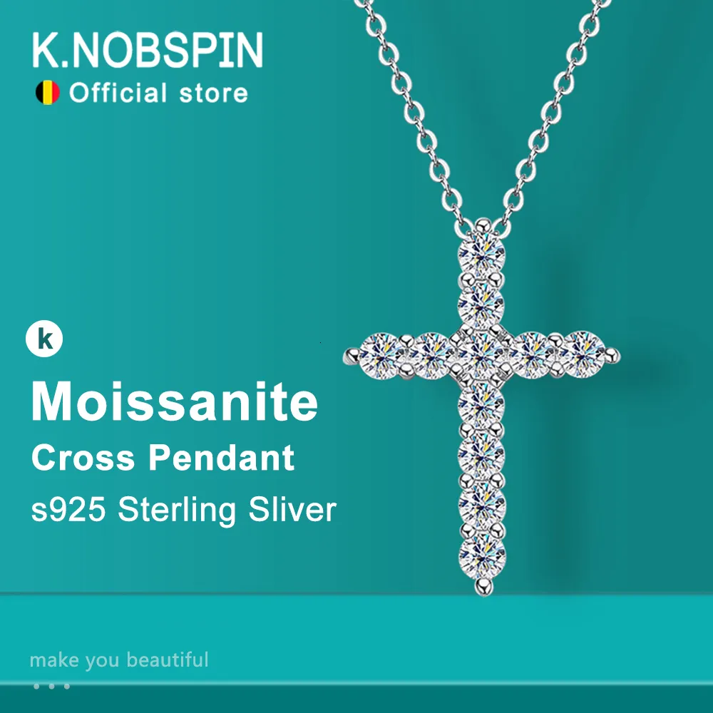 Colliers pendants Knobspin Collier de croix complète Original 925 Sterling Sliver Chain plaqué 18 carats d'or blanc amende pour les femmes 230817