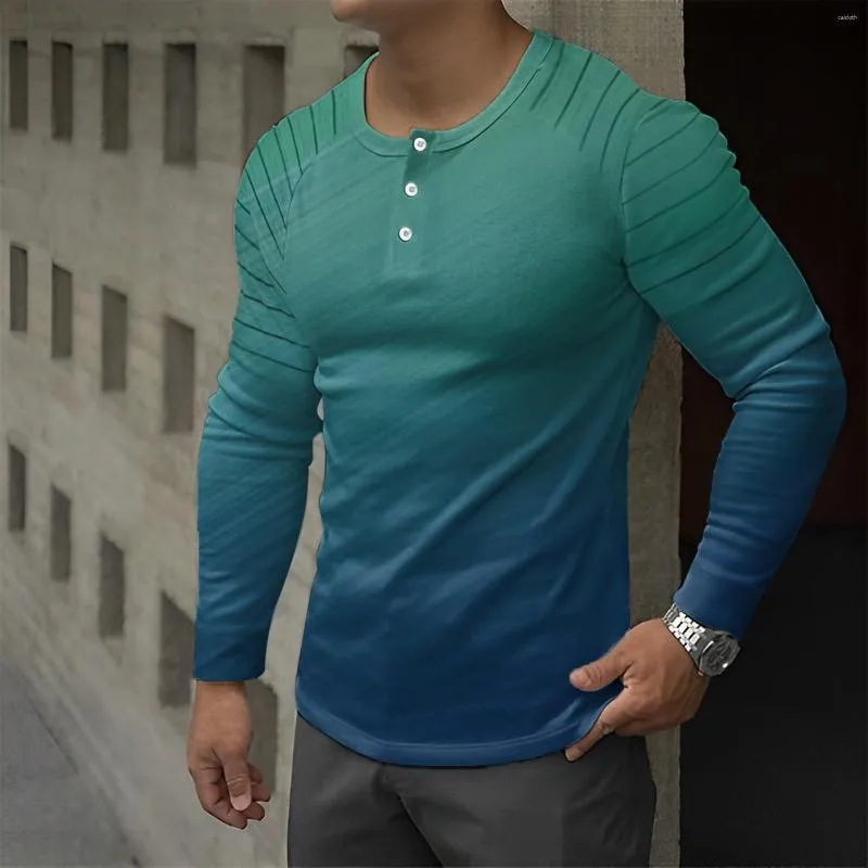 Men's T Shirts Raglan Sleeve Male Long Gradient Print Shirt Collarless Button Fit Big And Tall Mens Pocket Pack