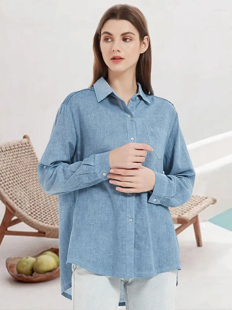 Women's Polos Giolshon Women Blouse Loose Cotton Linen Buttons Lapel Solid Long Shirt Ladies Split Bow Tied Summer Casual Tops Blusas Mujer