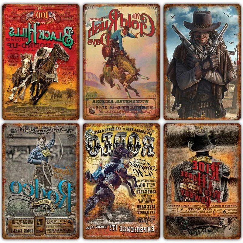 New western cowboy retro tin painting Bar background wall wrought iron frameless decorative painting Living Room Home decor 20X30cm Bfuaa