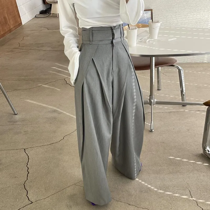 Women's Pants Korean Retro Loose Pleated Trousers For Women Office Lady High Waisted Solid Casual Wide Leg Female 2023 Summer Y568