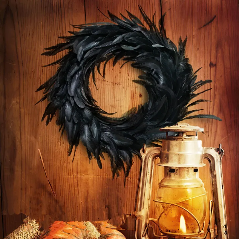 Other Event Party Supplies Halloween Feather Wreath Simulation Black Feather Wreath Home Decor Wall Hanging Party Halloween Christmas Wall Door Decor 230816