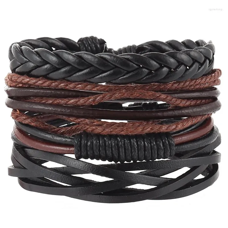 Charm Bracelets 4pcs/set Hippie Punk Black Leather Brown Cord Rope Macrame Knots Wrap Wide Stackable Bangles For Man Hand Jewelry