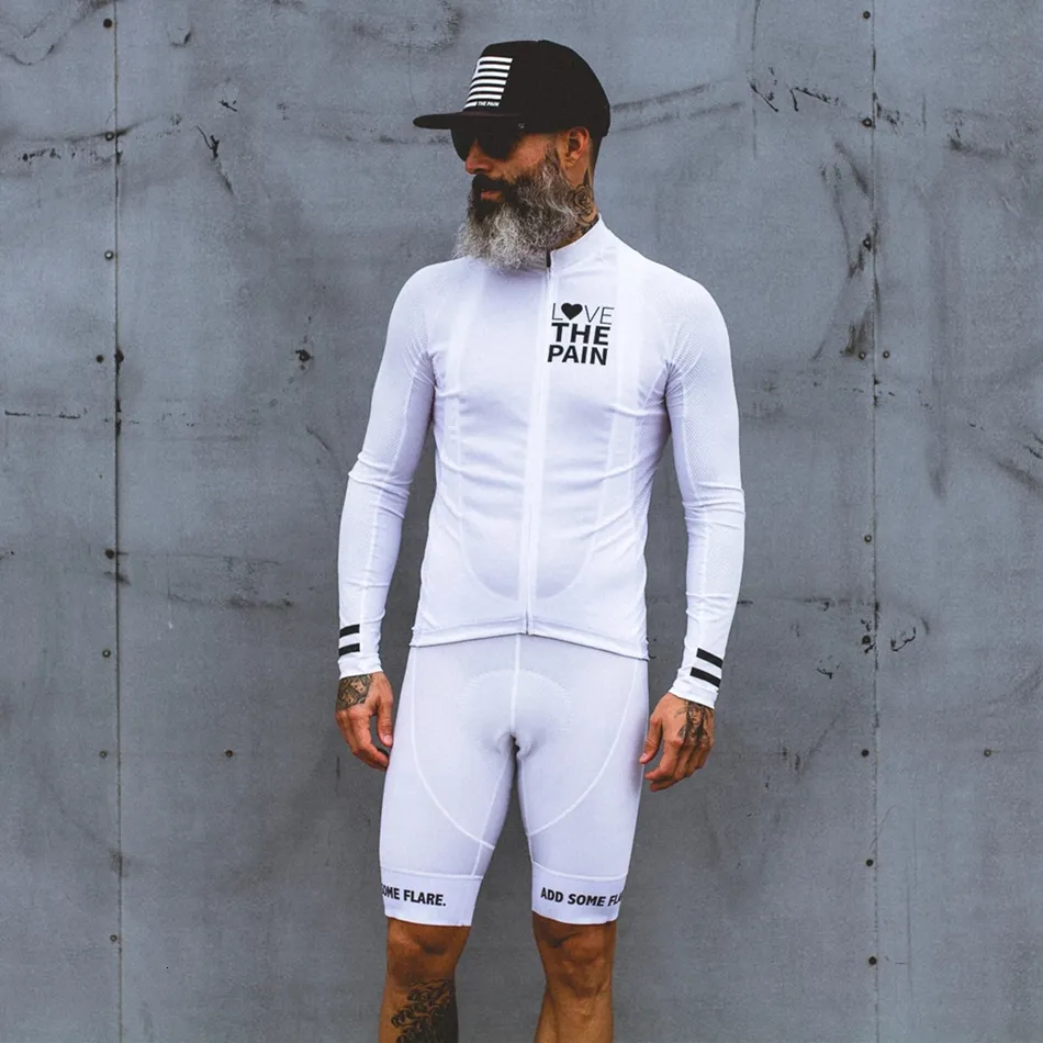 Cycling Jersey Sets zijn dol op de pijn witte fiets jersey pak usa ciclismo team kleding heren shirt met lange mouwen bib shorts road fiets tri suit mtb 230817