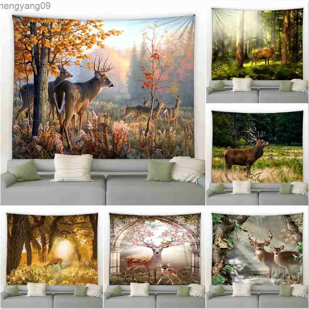 Gobeliny domowe dekoracja jesienna leśna dzika przyroda jeleń natura krajobraz tło ściana wisząca zasłona koc elk Tapestry 230x180cm R230817